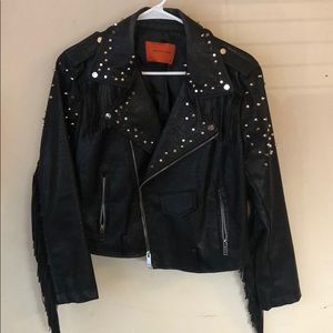 Faux leather fringe studded jacket